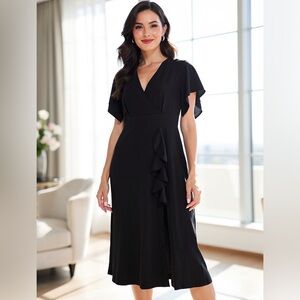 NWT Cooan Black V-Neck Ruffle Midi Dress Evening Cocktail L